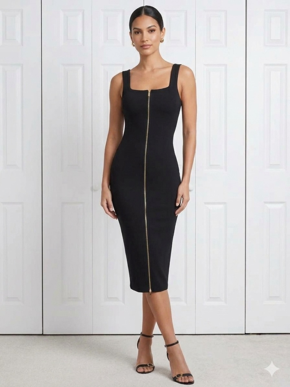 bebe Black Zip-Front Midi Bodycon Dress